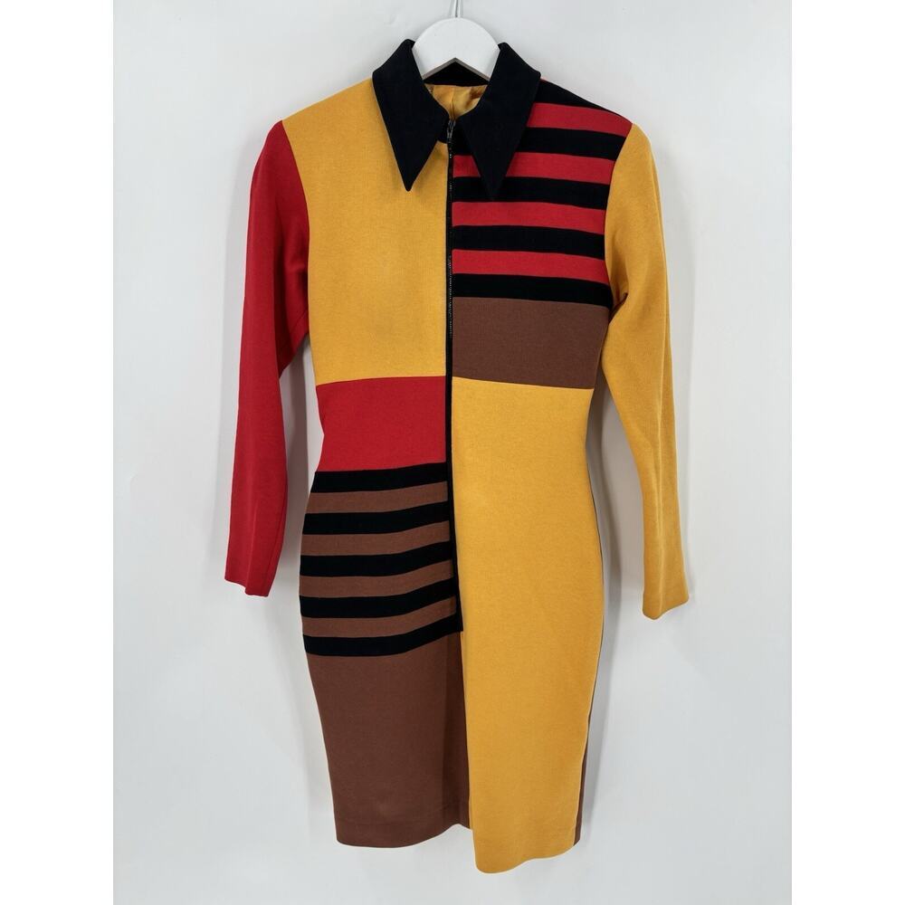 Vintage 80s 90s Dress Womens XS Yellow Red Brown Colorblock Striped Zip Up Knit
